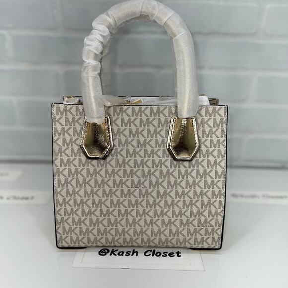 Michael Kors Mercer Medium Signature Logo Metallic Crossbody Bag  Pale Gold - Picture 3 of 11